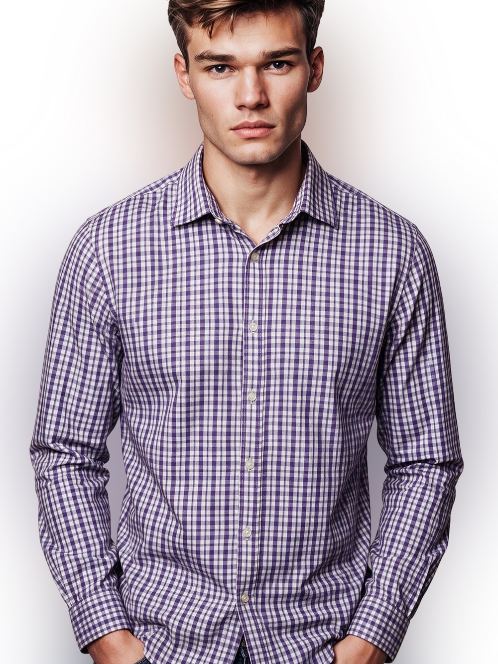 Express Men’s Purple and White Gingham Button-Down Shirt